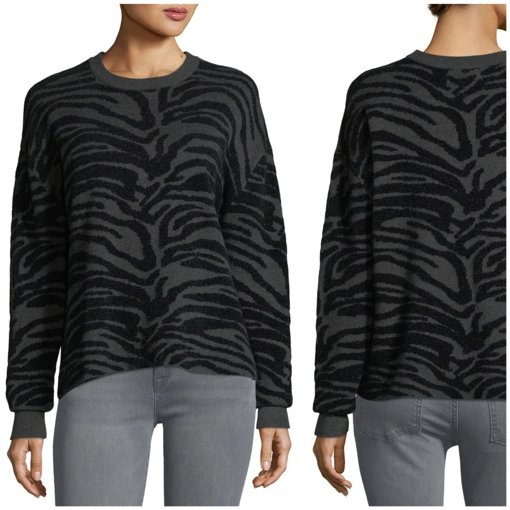 John + Jenn Crewneck Zebra Print Sweater Lead Gray